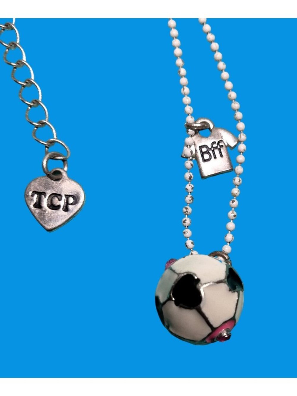 TCP Soccer Ball Necklace BFF T Shirt Heart Charm White Chain Best Friend Forever